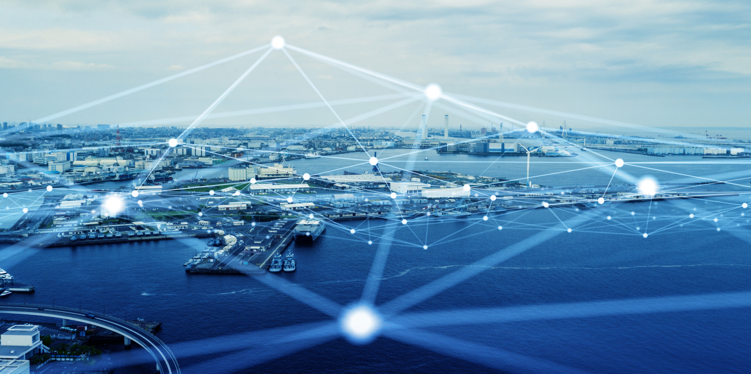 Modern,Port,And,Ships,Aerial,View,And,Communication,Network,Concept.